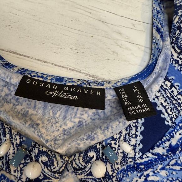 Susan Graver Artisan Large blue White paisley beaded sequin women knit Blouse - Picture 4 of 8